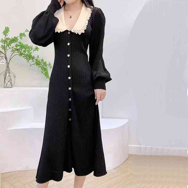 

casual dresses fadan s family fashion simple early autumn women's wear french tea break lace collar bubble sleeve knitted long skirt, Black;gray