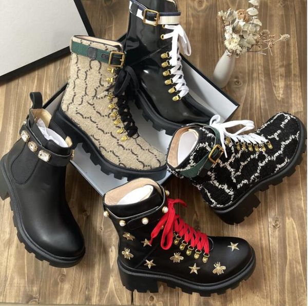 

women leather ankle boot designer womens boots fashion desert doubles g bee crystal winter shoes beige ebony fabric booties size 35-42, Black