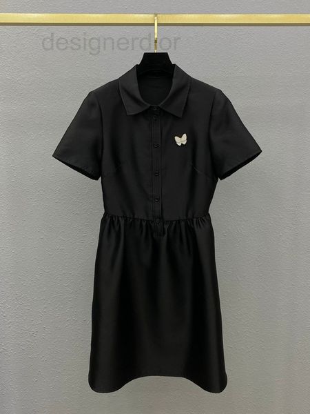 

casual dresses designer butterfly brooch simple short sleeve lapel black dress hepburn style temperament versatile waist collection ladies s, Black;gray