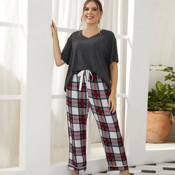 

womens pajamas set oversized cotton sleepwear for women short sleeves gray top, Black;red