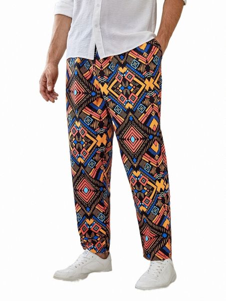 

men's pants men geo print drawstring waist pants g6wc#, Black
