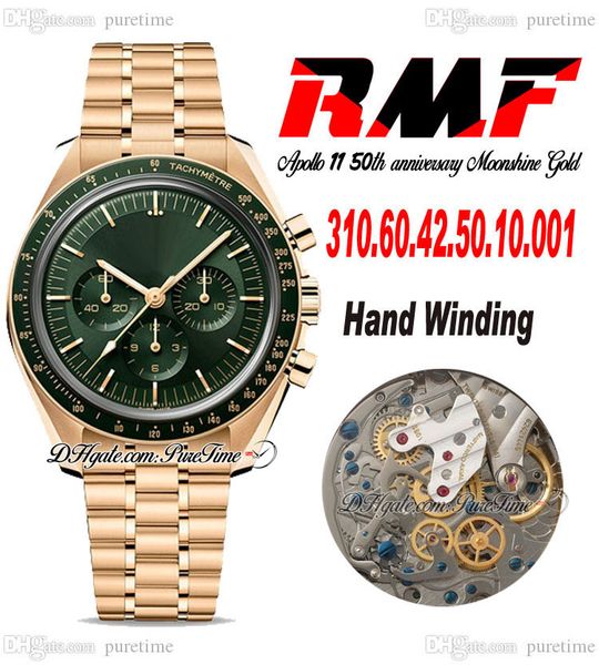 

rmf moonwatch moonshine manual winding chronograph mens watch 2022 yellow gold green dial stainless steel bracelet apollo 11 50th anniversar, Slivery;brown