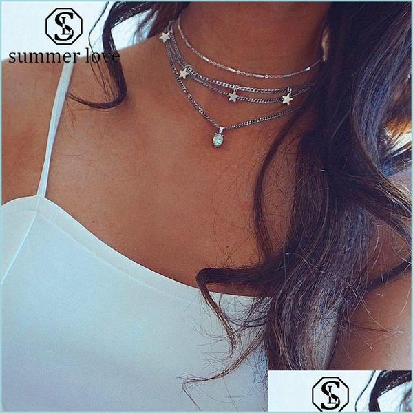 

pendant necklaces new arrival bohemian fashion pentagram charm pendant mti-layer necklace for women sier stone choker chain newdhdhbhv, Silver