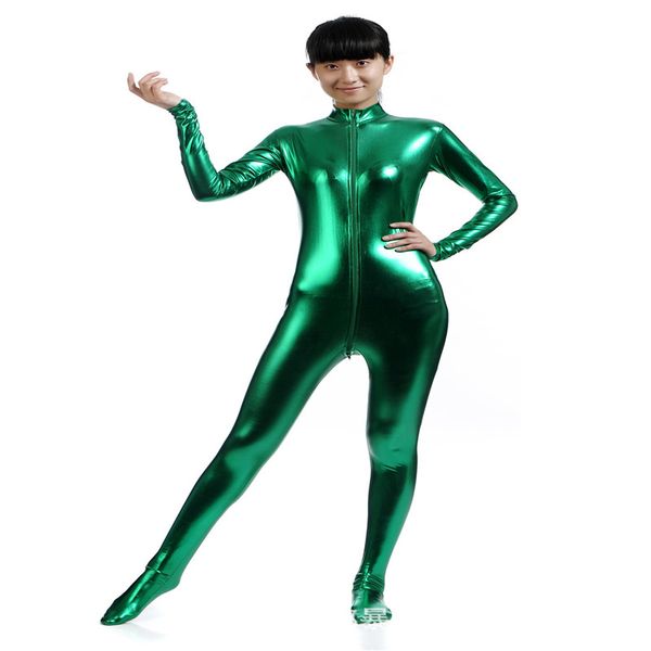 

funny dress shiny metallic catsuit costumes black jumpsuit lycar spandex zentai bodysuit party club stage costumes front zipper no hood and