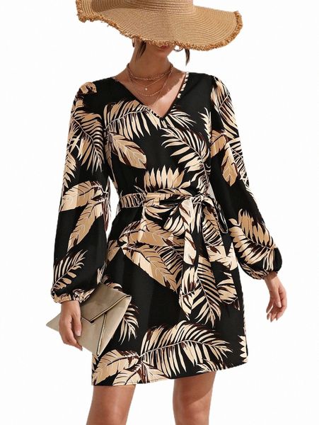 

casual dresses tropical print lantern sleeve belted dress e287#, Black;gray