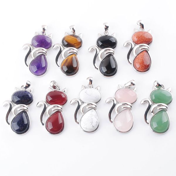 

mixed lovely kitty cat animal pendants natural stone beads tiger's eye agates amethysts rose quartzs jewelry bn364, Silver