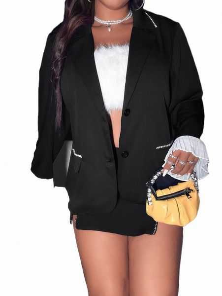 

plus size outerwear & coats plus solid pearl beaded button front blazer i8ri#, Black
