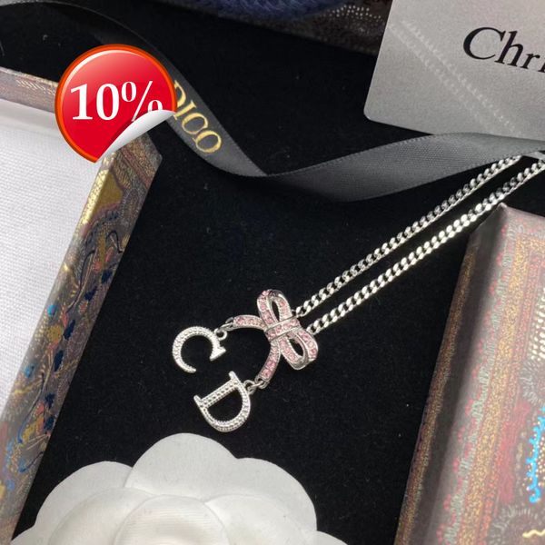 

luxury design women's necklace d family di high version full diamond cd letter bow light fashion pendant, Silver