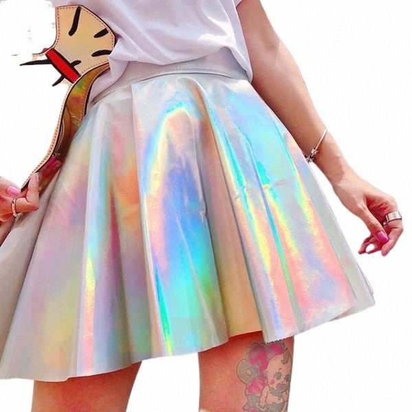 

skirts skirts holographic pleated women pu solid harajuku casual laser hight waist micro mini short jk rainbow l2wj#, Black