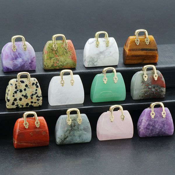 

women bag shaped charms natural healing crystal amethyst rose quartz gemstone pocket palm stone pendant gift wholesale for jewelry making, Bronze;silver