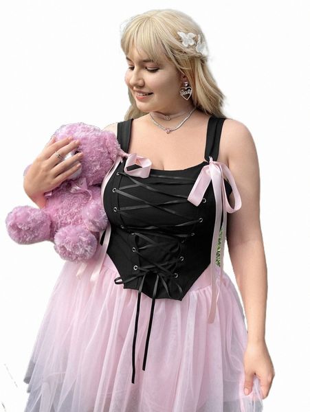 

plus size t-shirt plus grommet lace up front wide strap w4cw#, Black