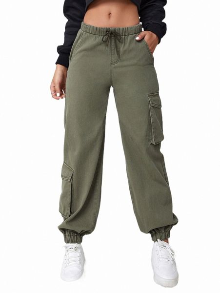 

women's jeans drawstring waist flap pocket side cargo jeans c0np#, Blue