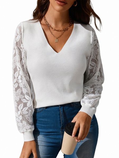 

women's sweaters contrast lace sleeve sweater k1gx#, White;black