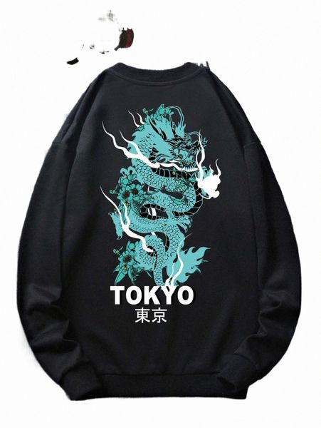 

men's hoodies & sweatshirts romwe guys dragon print sweatshirt v5pr#, Black