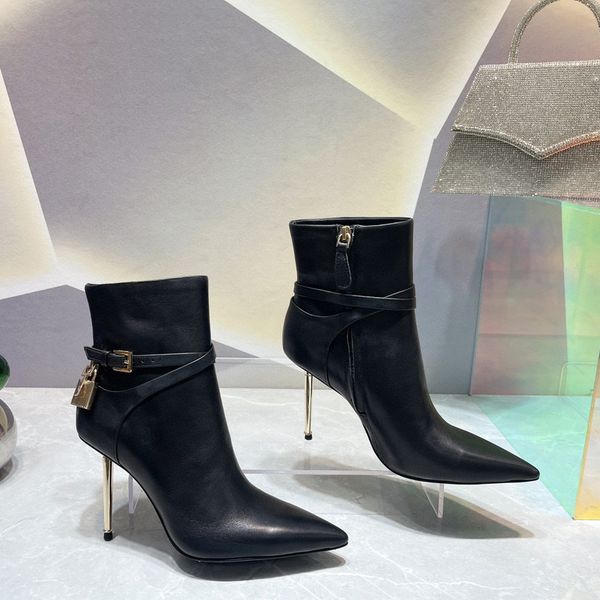 

padlock and key embellished calf leather ankle boots side zip shoes pointed toe stiletto heel booties runway luxury designers shoe heeled fo, Black