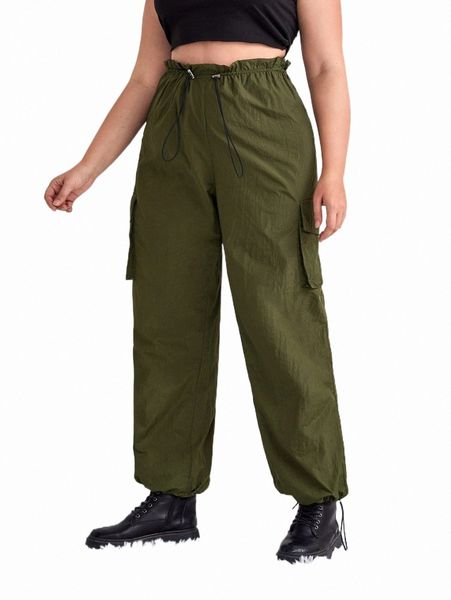 

plus size pants plus flap pocket side drawstring waist cargo pants c7kb#, Black