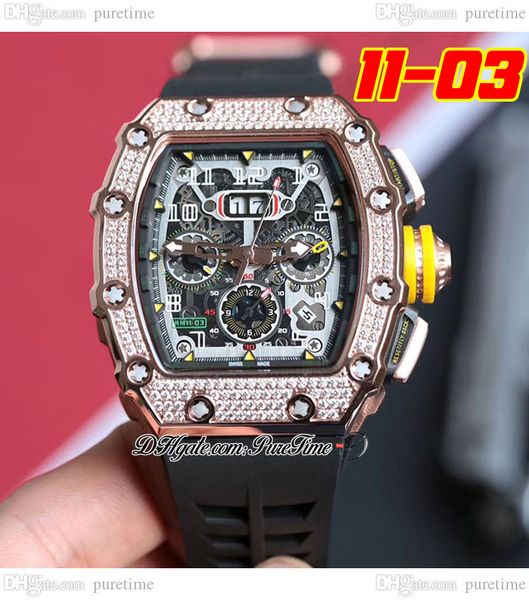 

2022 11-03 a21j automatic mens watch rose gold diamonds bezel skeleton dial big date yellow crown black rubber strap 8 styles watches pureti, Slivery;brown