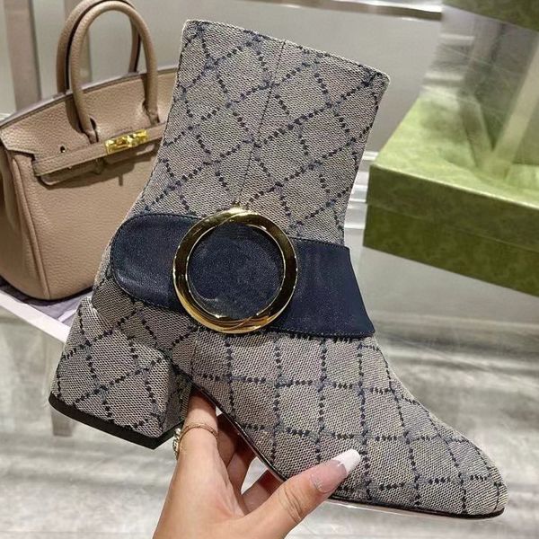 

designer boots women winter ankle boot classic letters interwoven metal buckle canvas zipper original shoes ladies girls high boot with box, Black