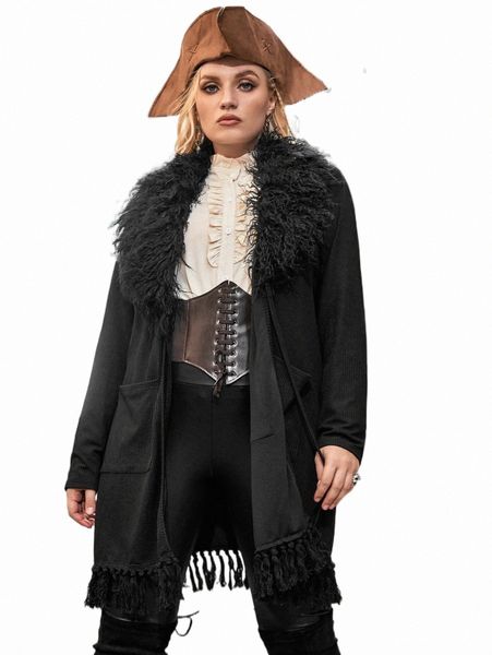 

plus size outerwear & coats plus borg collar fringe trim tie front coat s7np#, Black