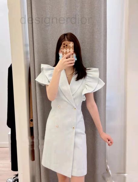 

casual dresses designer fadan s family 2022 spring and summer new design sense solid color lapel lotus leaf sleeve short skirt versatile dre, Black;gray