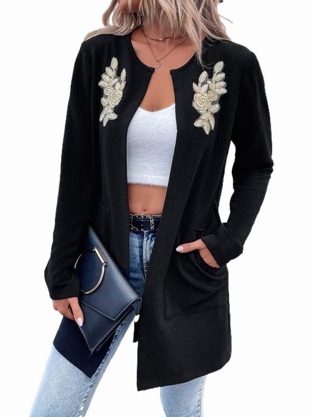 

women's down & parkas floral embroidery open front coat g7mi#, Black