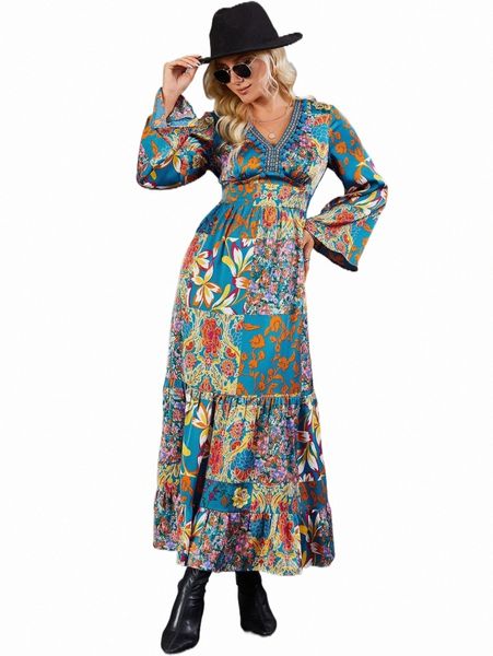 

casual dresses patchwork print flounce sleeve ruffle hem dress 78fi#, Black;gray