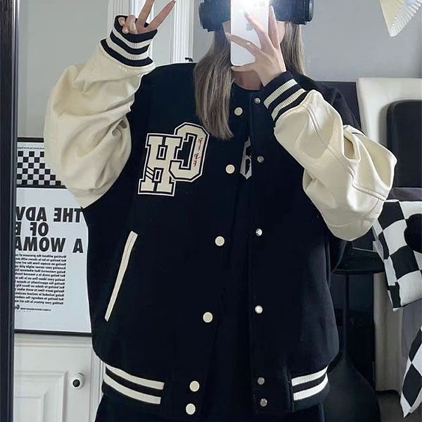 

womens jackets american street retro letter print baseball uniform autumn women casual loose streetwear allmatch trend female couple jacket, Black;brown
