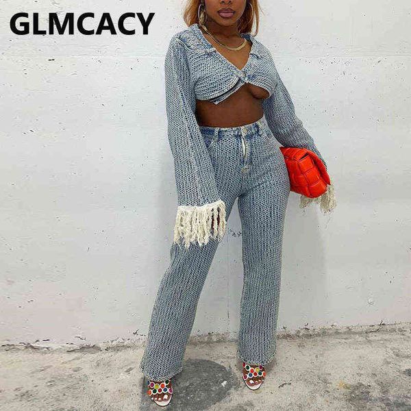 

women's two piece pants women two piece chic streetwear suits tassles flare sleeve crop slim pants set t220902, White