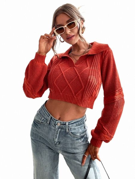 

women's sweaters collared cable knit crop sweater a3gh#, White;black