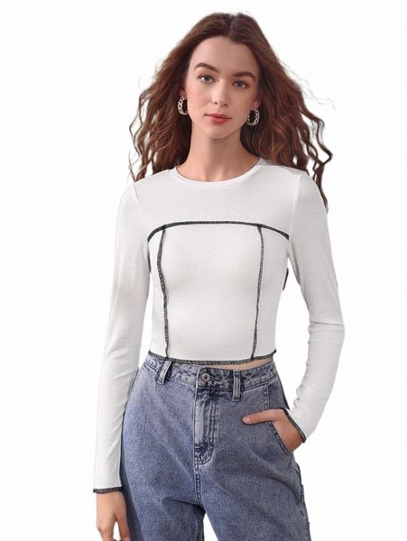 

women's t-shirt mod stitching trim ribbed crop tee t5em#, White