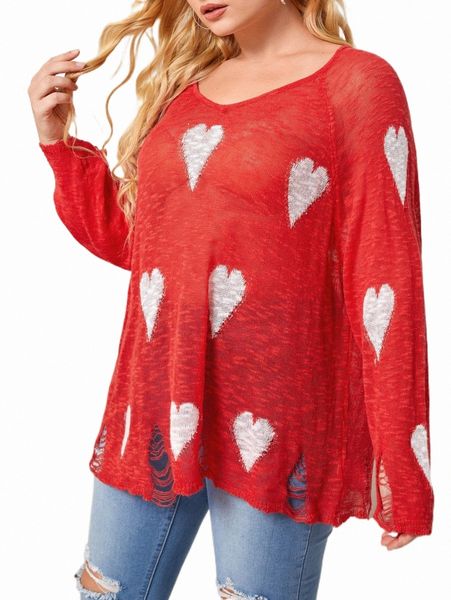 

plus size t-shirt plus heart pattern raglan sleeve ripped sweater 5029#, Black