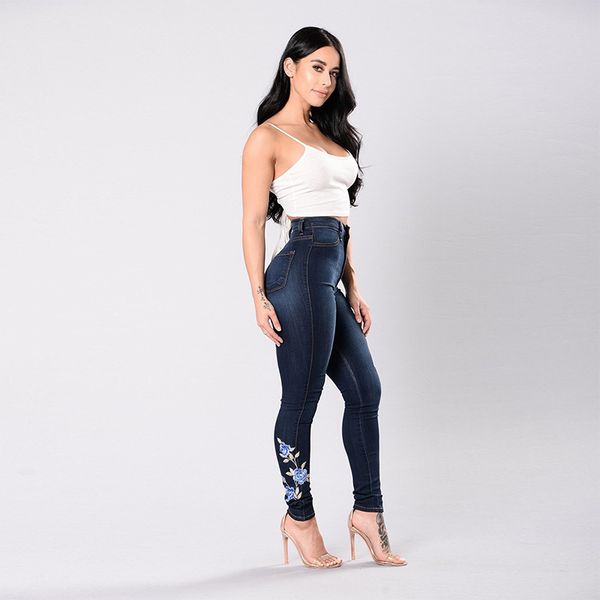 

online praise jeans european and american embroidered elastic pencil pants high waist trousers women, Blue