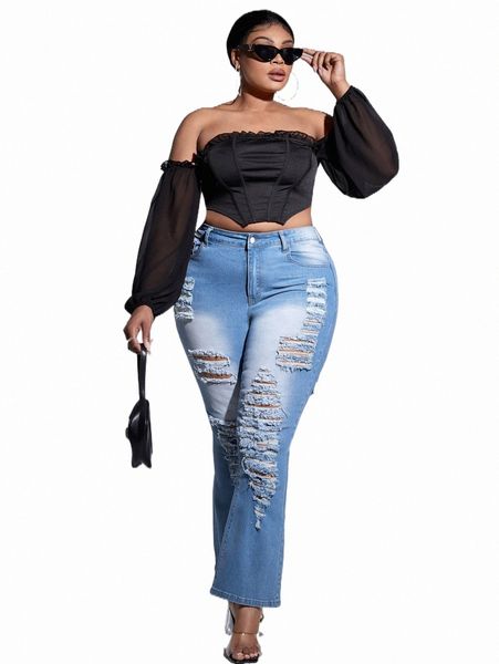 

women's jeans plus high waist bleach wash ripped flare leg jeans g3lr#, Blue