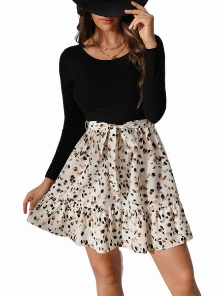 

casual dresses dalmatian print ruffle hem belted dress r8jp#, Black;gray