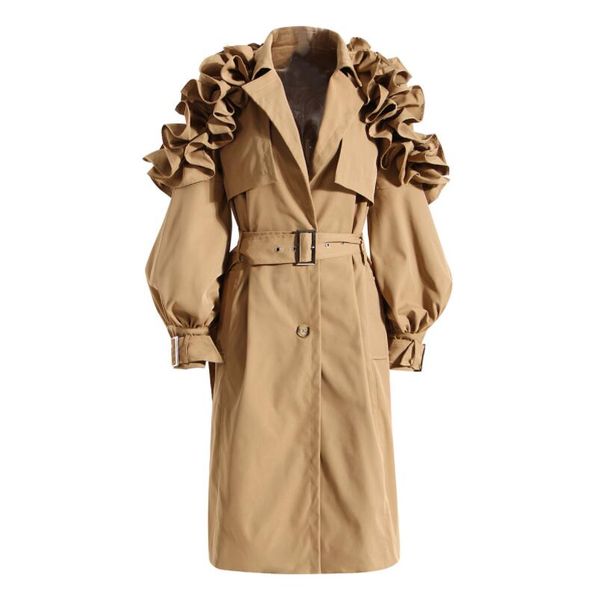 

fashion women's trench coat lapel single breasted shoulder ruffle long sleeve belt windbreaker autumn 2022 new jacket outerwear w271, Tan;black