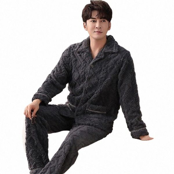 

men's sleepwear men's sleepwear fashion plush pyjamas men autumn winter lapel warm cardigan long sleeve trousers leisure home suit, Black;brown
