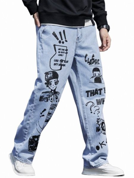 

men's jeans men slogan & figure graphic loose jeans l2pn#, Blue