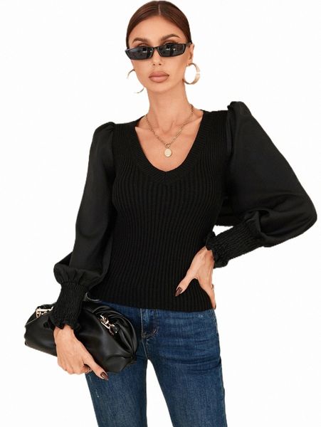 

women's sweaters shirred cuff puff sleeve sweater q5x3#, White;black