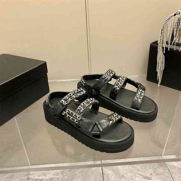 

slippers shoes women summer genuine leather platform gladiator sandals metal decoration chain sandalias shoes chaussure femme 75% off outlet, Black