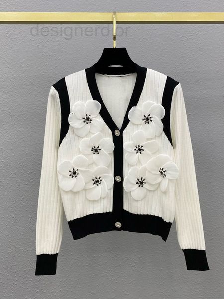 

women's sweaters designer small fragrance heavy industry diamond studded nail bead three-dimensional flower v-neck long sleeve knitted, White;black