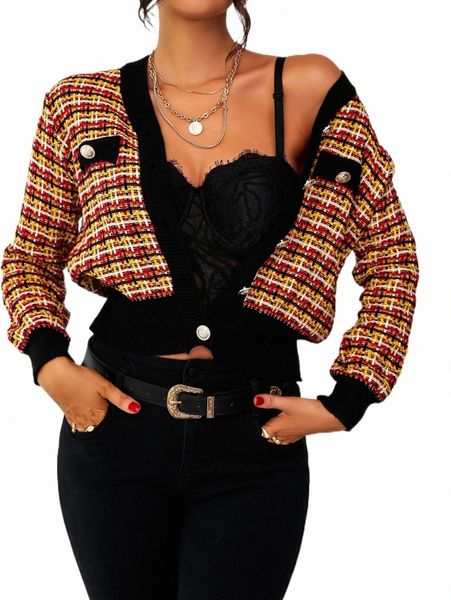 

women's sweaters plaid pattern decor pocket cardigan 60sa#, White;black