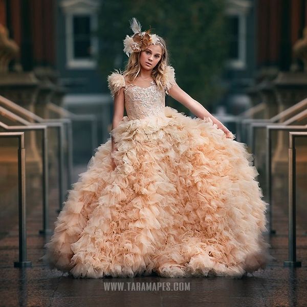 

champagne ruffles feather flower girl dresses for wedding princess pageant gowns for pshoot tulle first communion dress, White;blue