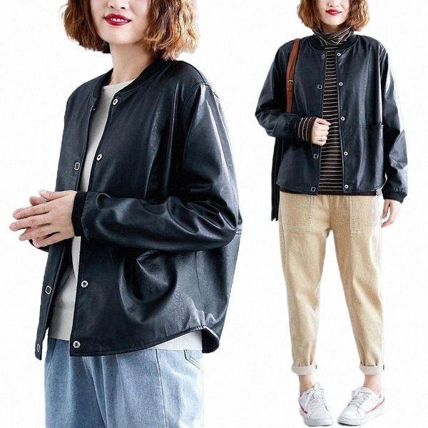 

women's leather & faux leather women's leather & faux simple short coat 2022 spring korean loose large size handsome pu jacket muj, Black