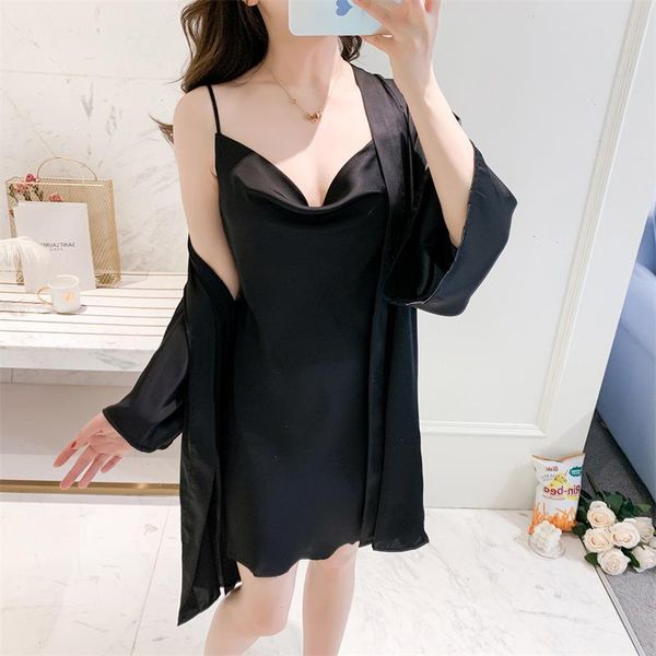

wedding robe nightdress summer thin sleepwears satin women kimono bathrobe gown, Black;red