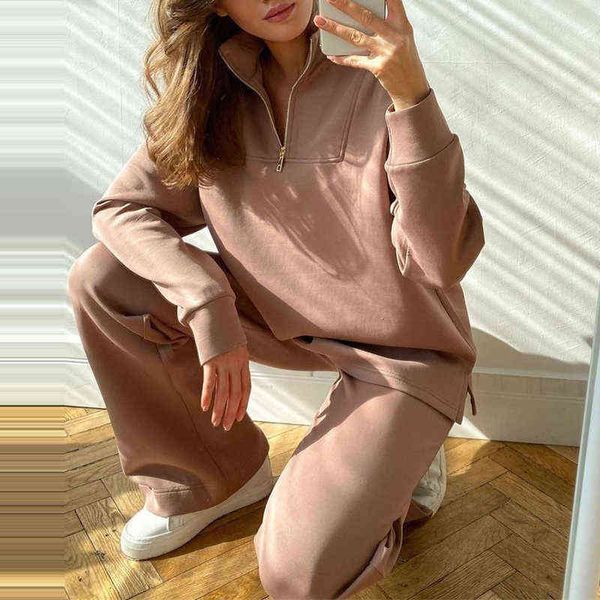 

women's two piece pants fashion two-piece set women solid tracksuit casual zipper sweatshirt and slit sweatpants suits ladies elegant s, White