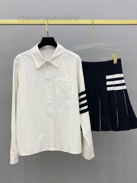 

women's tracksuits designer tb new college style contrast color lapel long sleeve white shirt dark blue a-shaped pleated short skirt fa, Gray