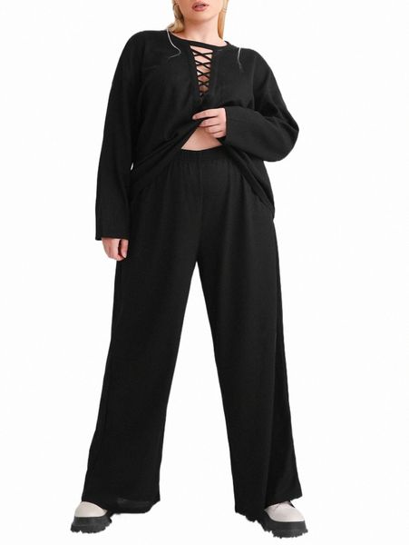 

plus size dresses plus crisscross front & wide leg pants 177r#, Black