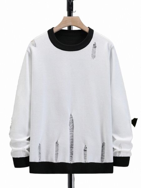 

men's sweaters men contrast trim ripped sweater w2ws#, White;black