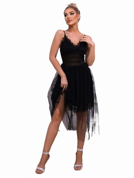 

casual dresses joyfunear lace bodice mesh overlay cami dress e16q#, Black;gray