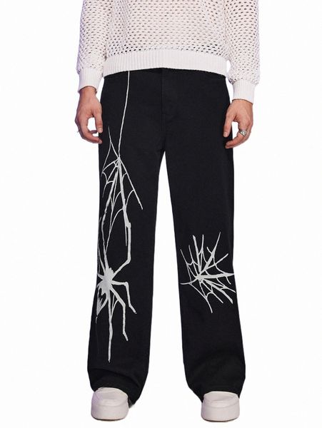 

men's jeans men spider web pattern straight leg jeans n82q#, Blue